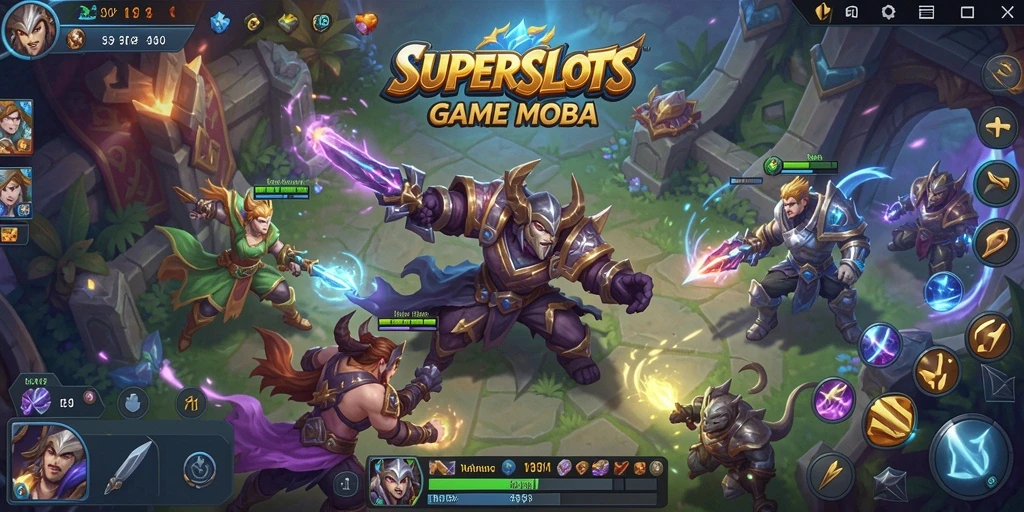 Tangkapan layar gameplay <strong>SUPERSLOTS</strong> yang penuh aksi dan strategi MOBA.