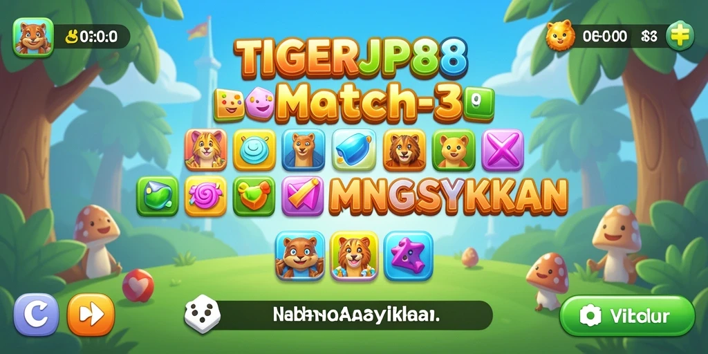 TIGERJP88 menampilkan gameplay Match-3 yang seru dan penuh warna.